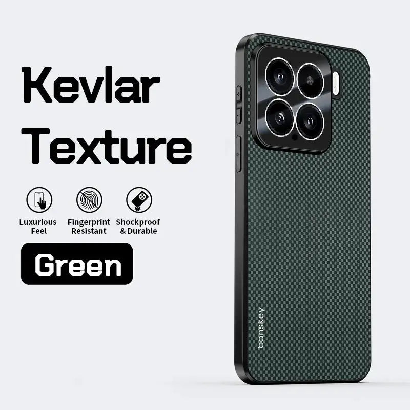 Green Kevlar carbon-fiber textured phone case for Xiaomi Mi 15T/14T Pro, shockproof bumper with camera protection.
