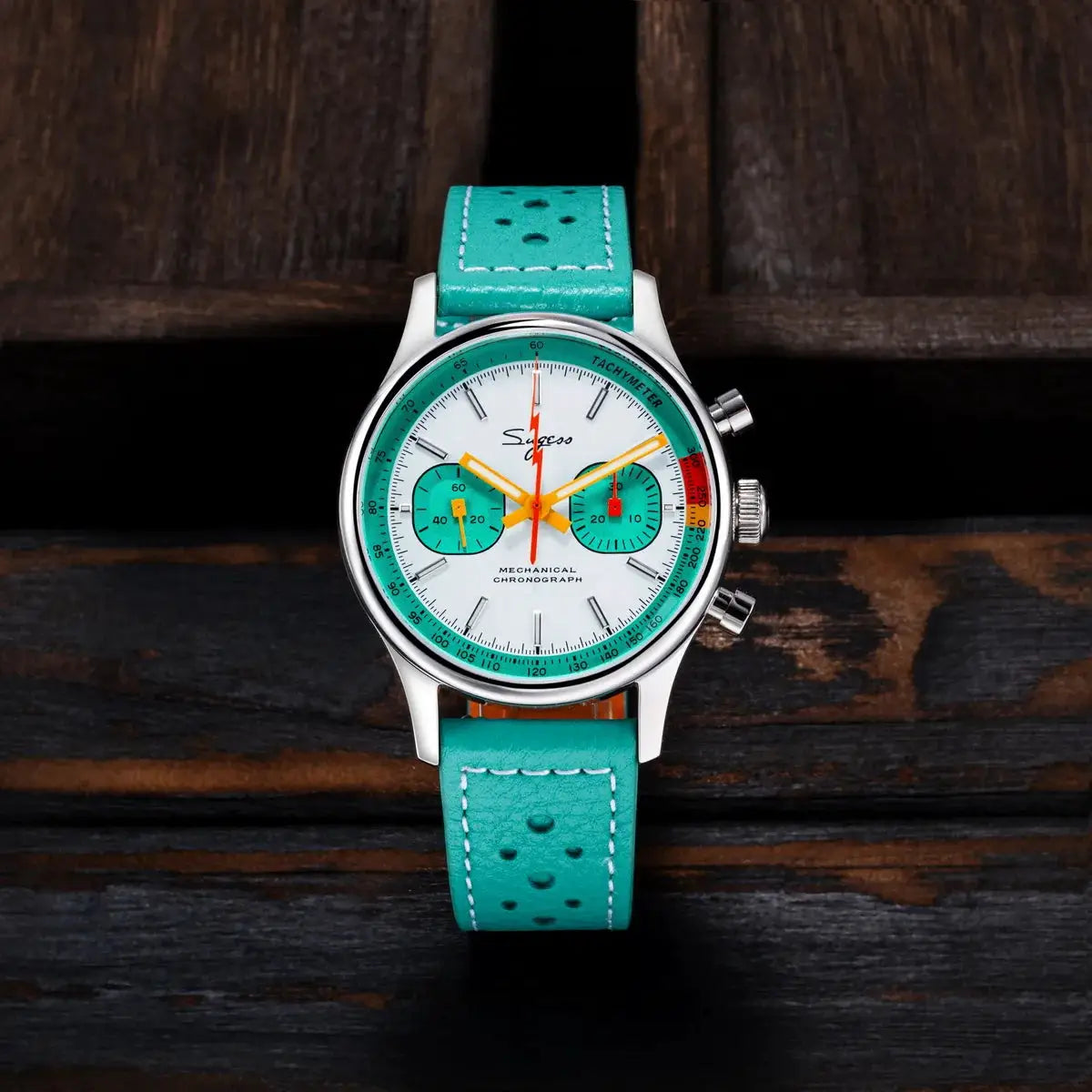 Sugess men's chronograph watch with teal strap, white dial, turquoise bezel, orange hands, sapphire crystal