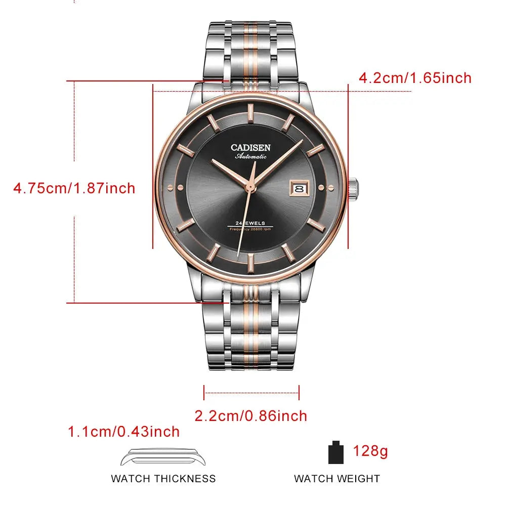 CADISEN automatic wristwatch with rose-gold and stainless steel band, black dial, MIYOTA 9015 movement, sapphire glass, waterproof