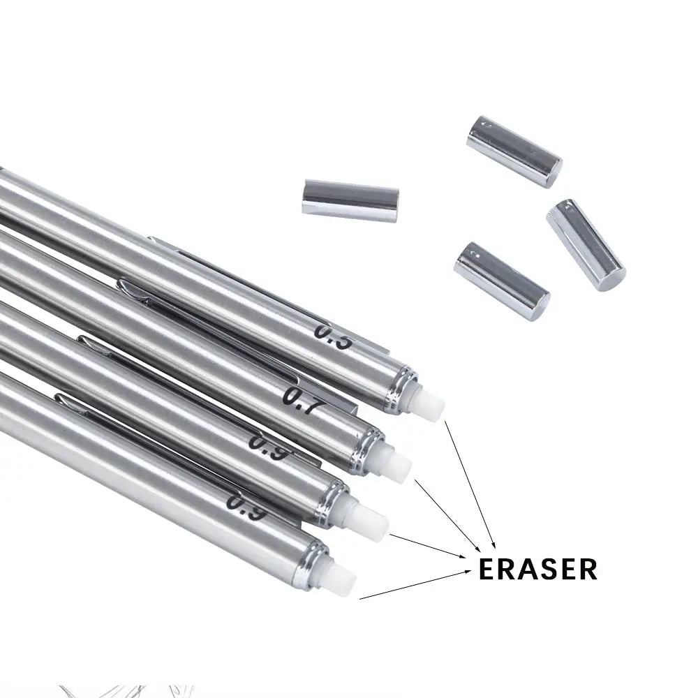 Metal mechanical pencil set with four silver pencils, erasers, and caps in 0.5/0.7/0.9/2.0mm lead sizes