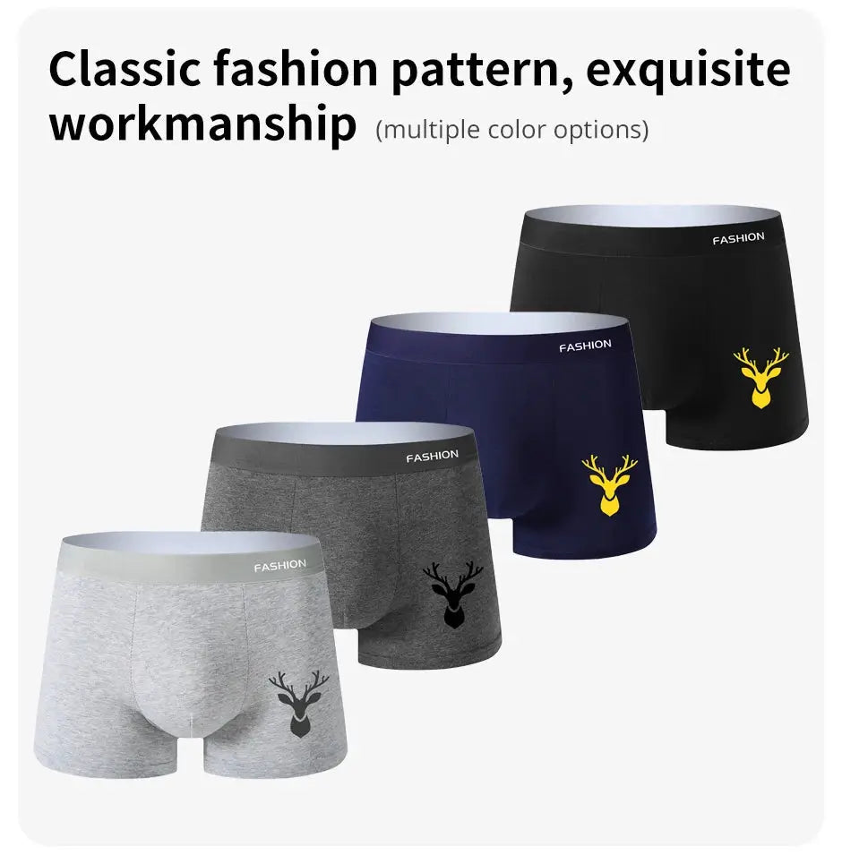 Simples Market 4-pack men's boxer underwear in assorted colors with deer print; soft, breathable four-season fabric.