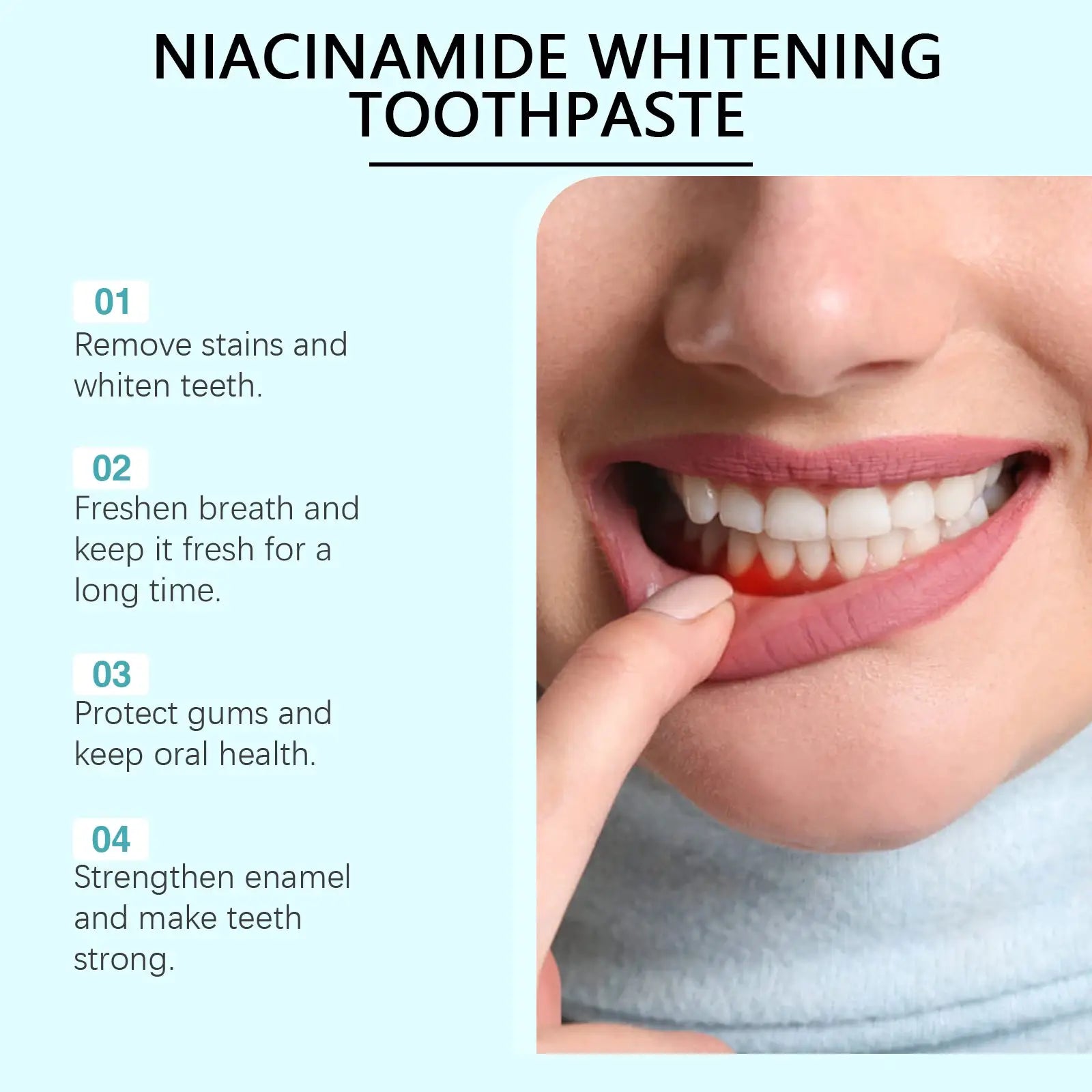 Niacinamide whitening toothpaste by Simples Market; close-up of a smiling mouth showcasing white teeth