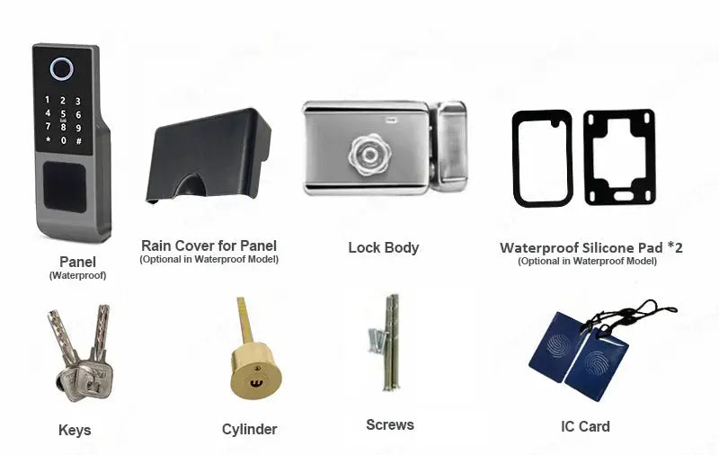 Fingerprint smart lock with WiFi TUYA TTLOCK app; includes panel, lock body, rain cover, silicone pads, keys, cylinder