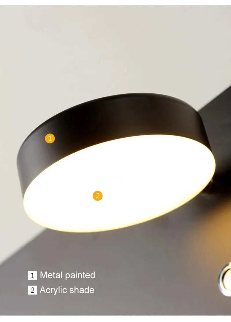 Bedroom LED wall lamp; black metal-painted fixture with white acrylic shade.