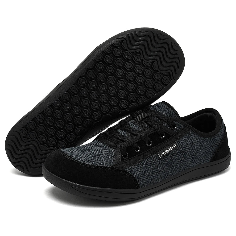 HOBIGEAR barefoot sneakers, a pair in black and gray textured fabric with suede toe cap and black outsole.