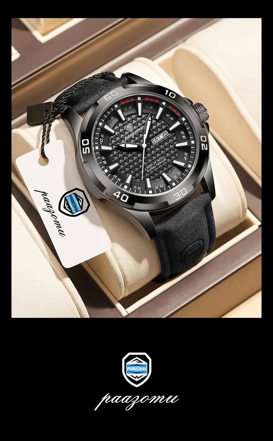 PAAZOMU men's watch; black textured dial, stainless steel case, date & day display, luminous hands, waterproof quartz.