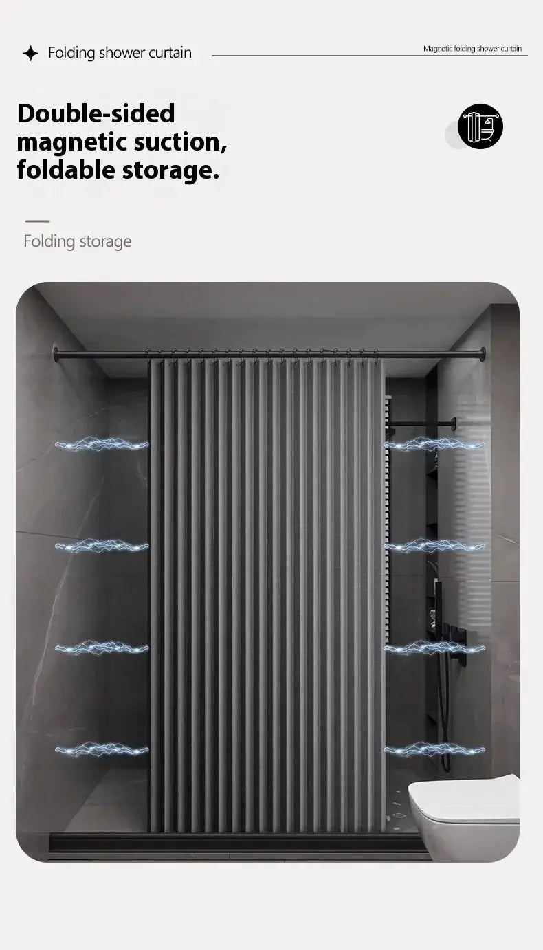 Simples Market magnetic foldable linen shower curtain for walk-in showers; gray waterproof fabric with vertical folds.