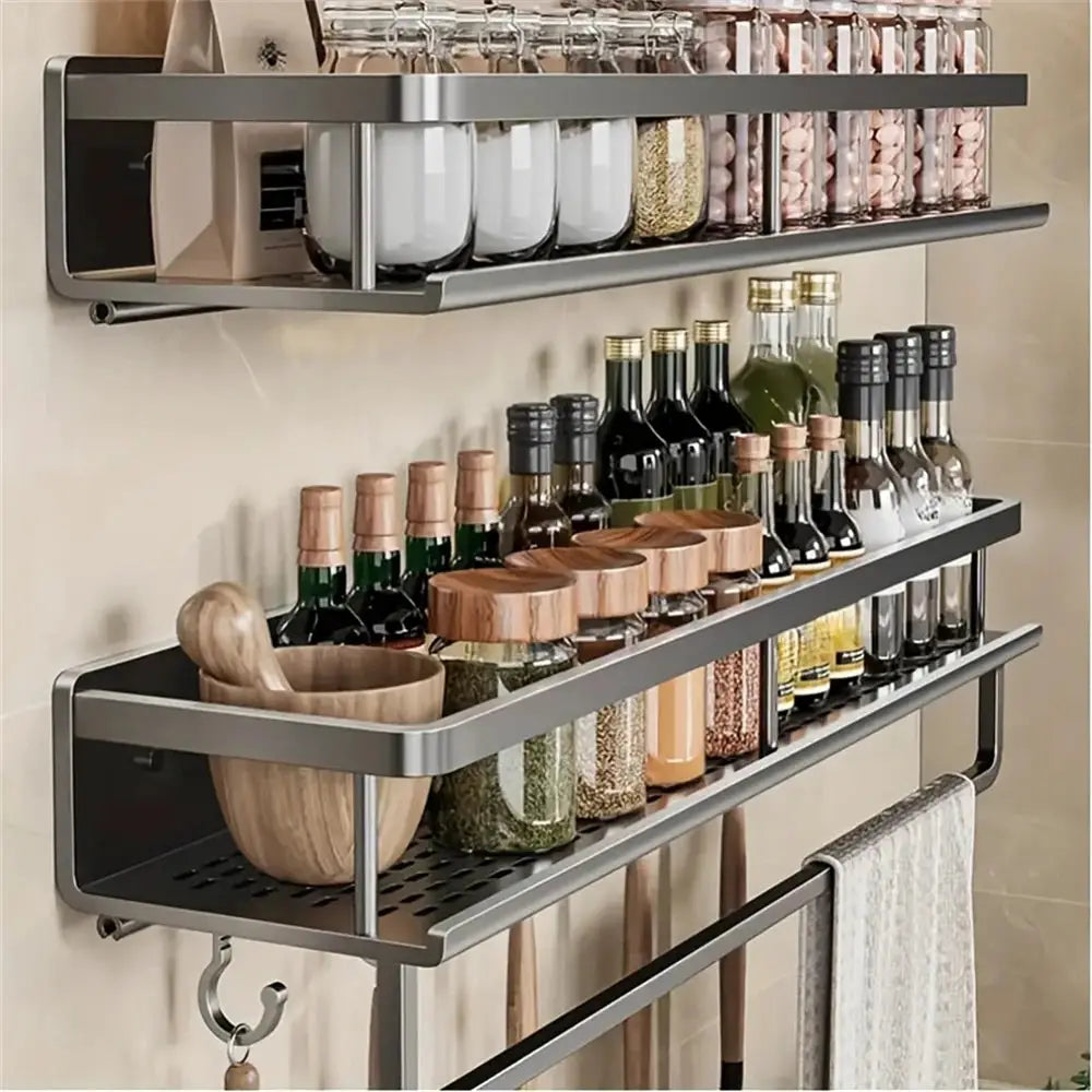 Simples Market wall-mounted multi-functional storage rack with rod seasoning rack; stainless steel frame for bottles and spices