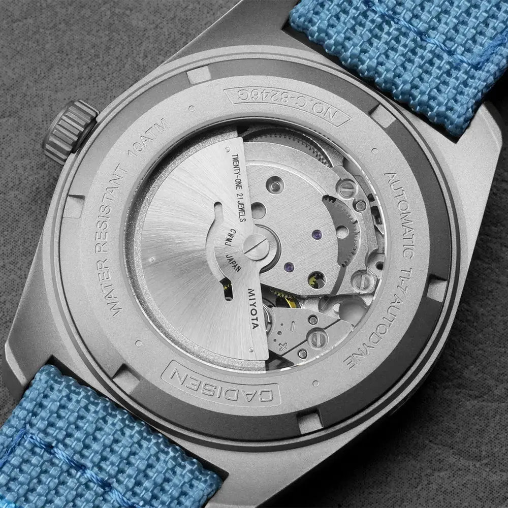 CADISEN TI-7 automatic wristwatch with titanium-steel case, blue canvas strap, Miyota 8215 movement