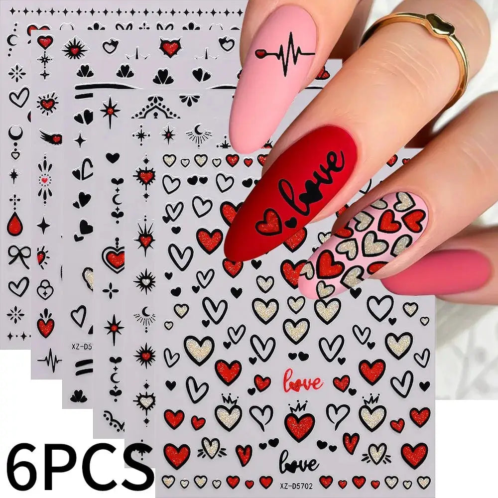 Simples Market 6pcs heart nail sticker set; red, pink and gold glitter hearts for self-adhesive manicure