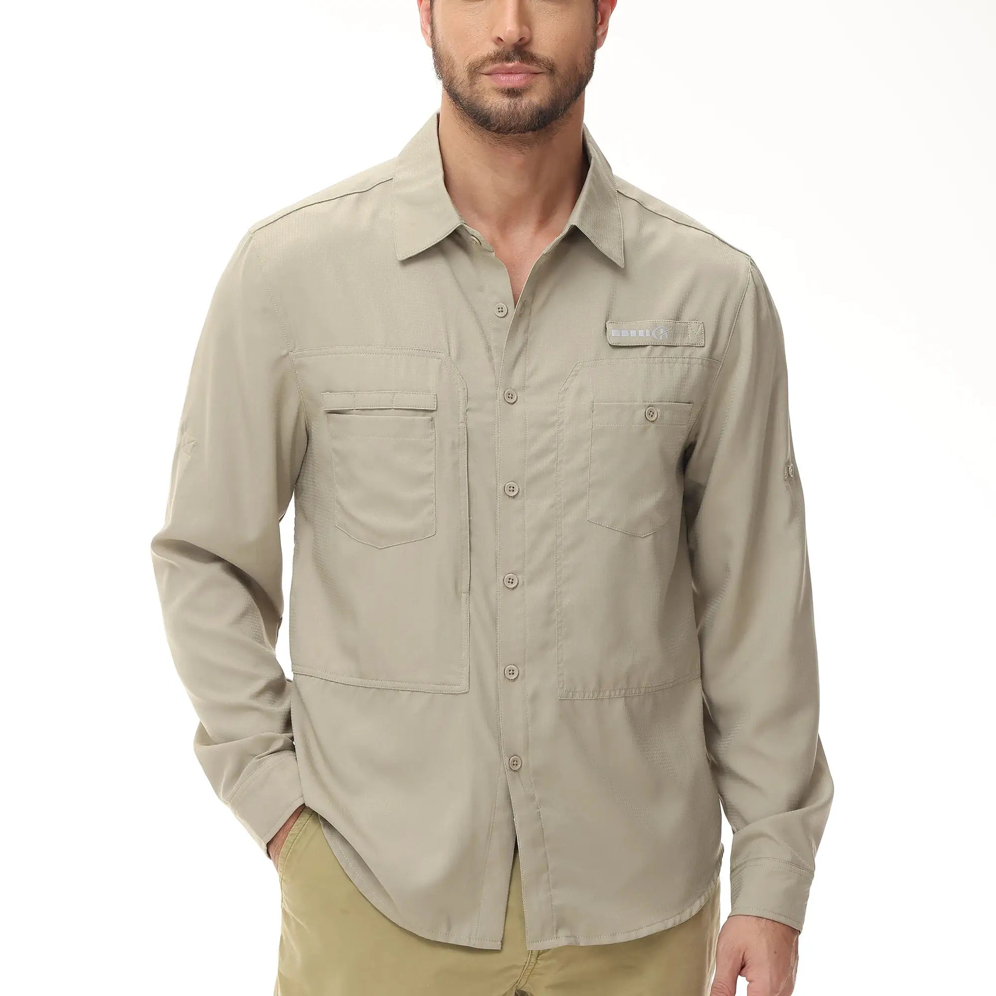 Simples Market men's long-sleeve fishing shirt in beige, lightweight breathable button-down with chest pockets.