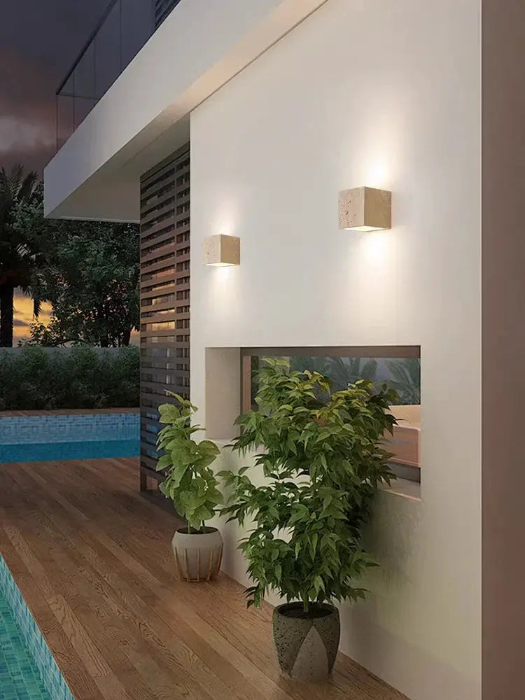Simples Market Wabi Sabi yellow marble wall lamps, LED travertine cube bedside lights for bedroom and living room (2)