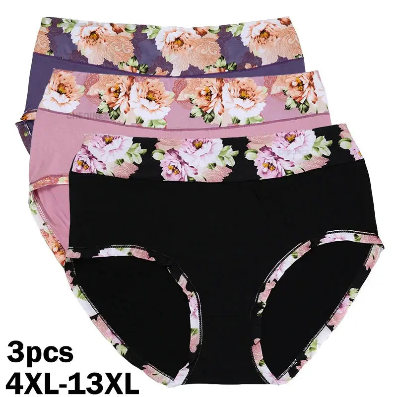 Simples Market 3pc plus-size floral panties set; assorted colors with floral waistband trim