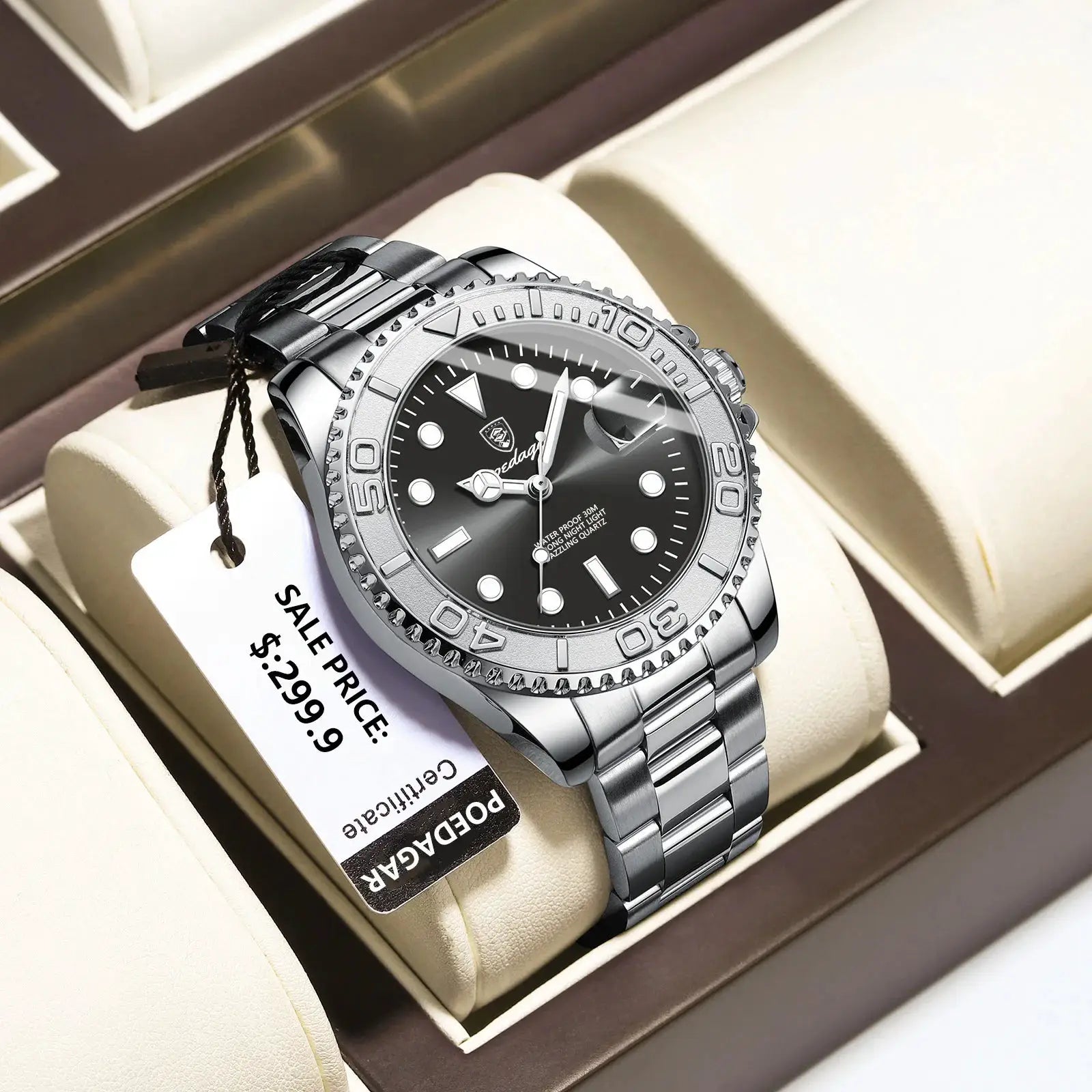 POEDAGAR men's luxury stainless steel watch with black dial, luminous markers and date window