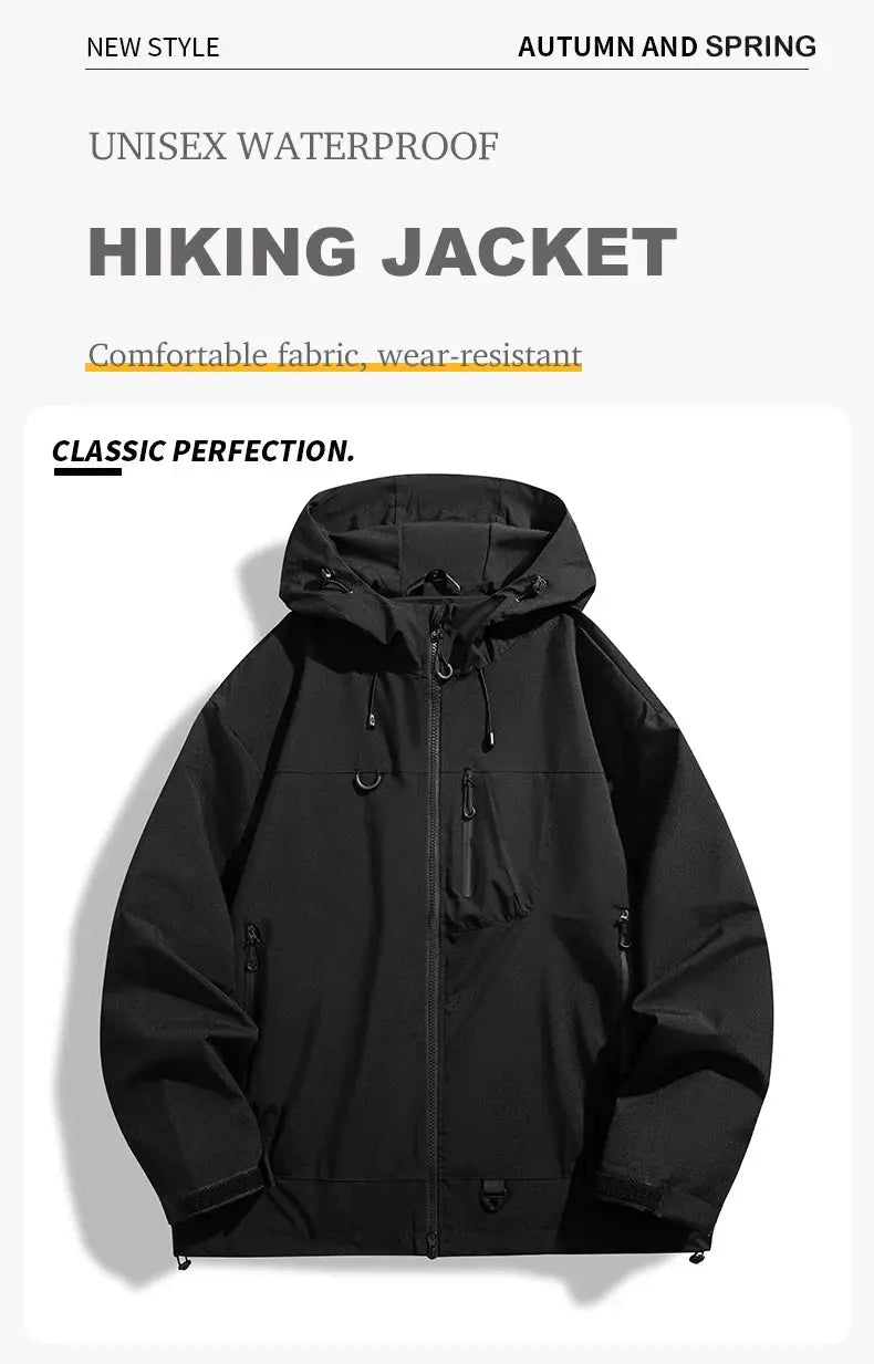 JNLN unisex waterproof windbreaker jacket in black with hood and zip pockets for outdoor hiking