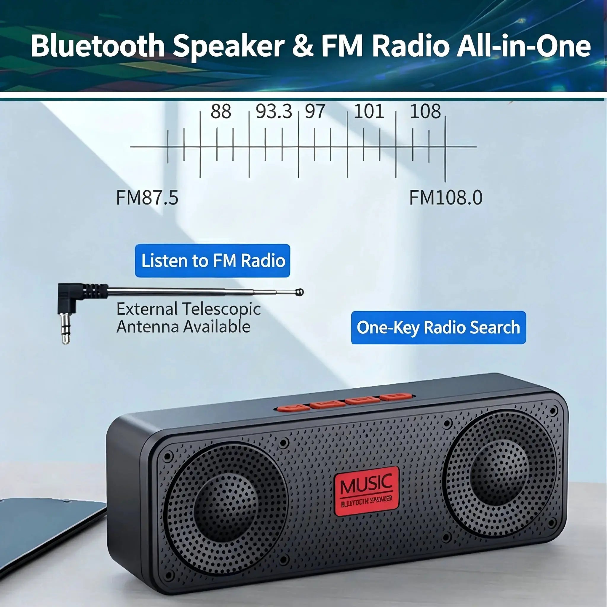 Simples Market S18 wireless Bluetooth speaker, portable stereo with FM radio in dark gray.