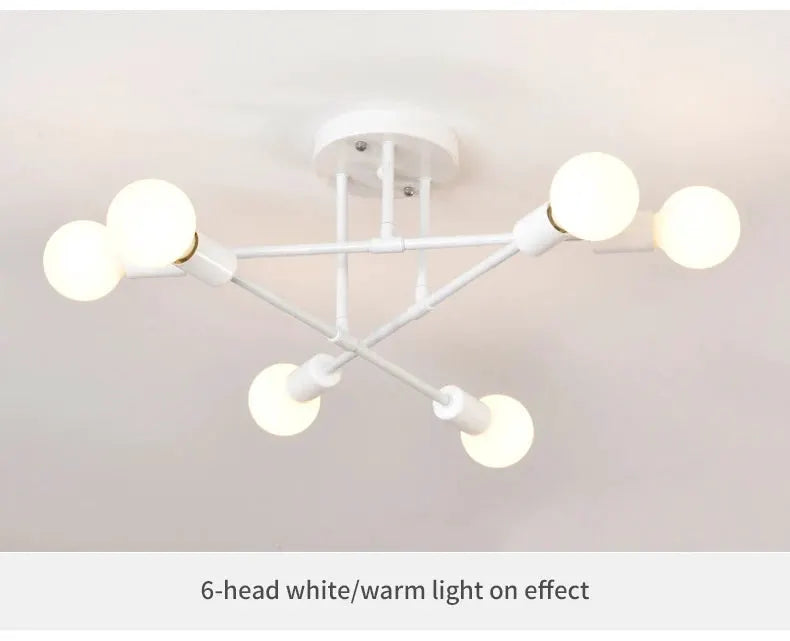 Six-head white industrial-style LED ceiling lamp with E27 bases for living room