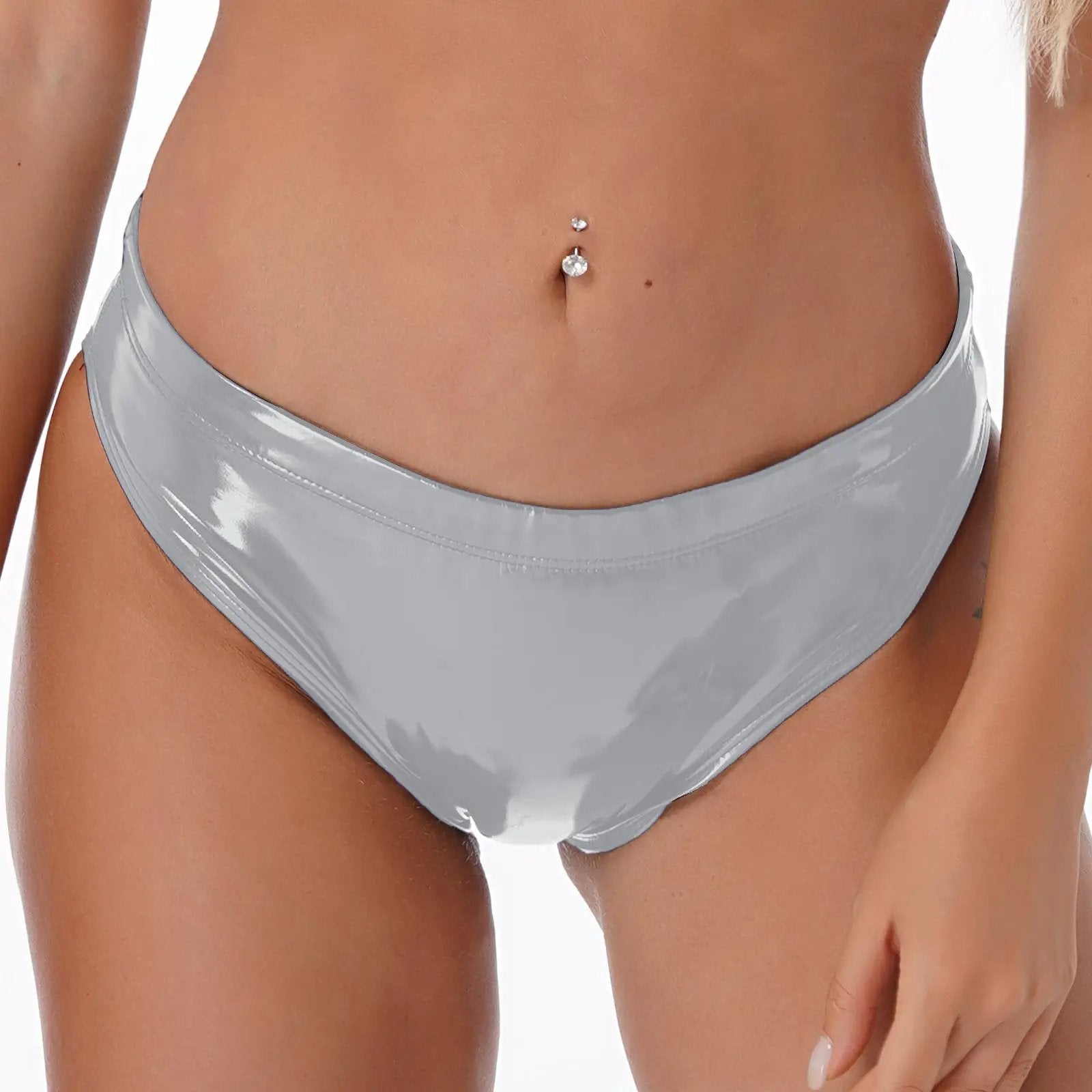 Women's wet-look patent leather briefs in silver-gray, low-rise underwear