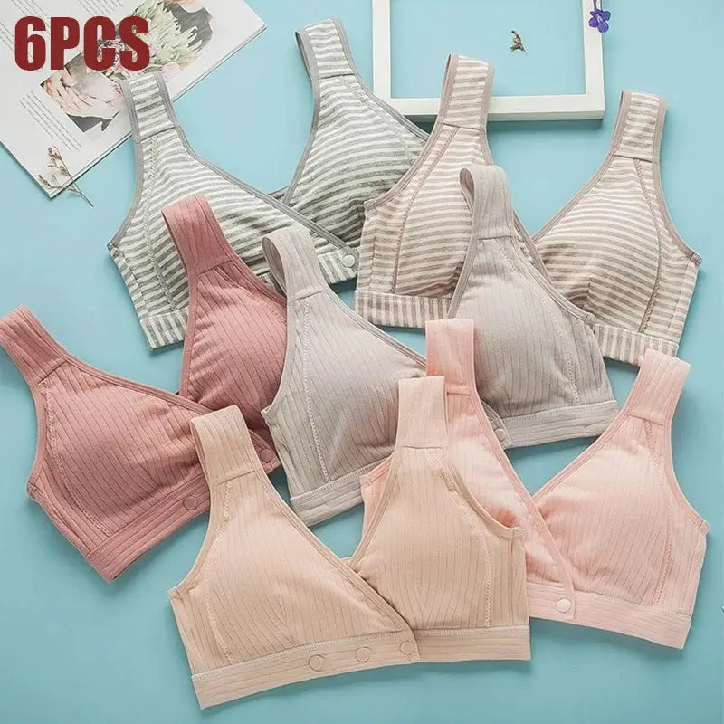 6-pack Simples Market women's ribbed cotton front-buckle bras, vest-style, in pink, beige and gray tones.