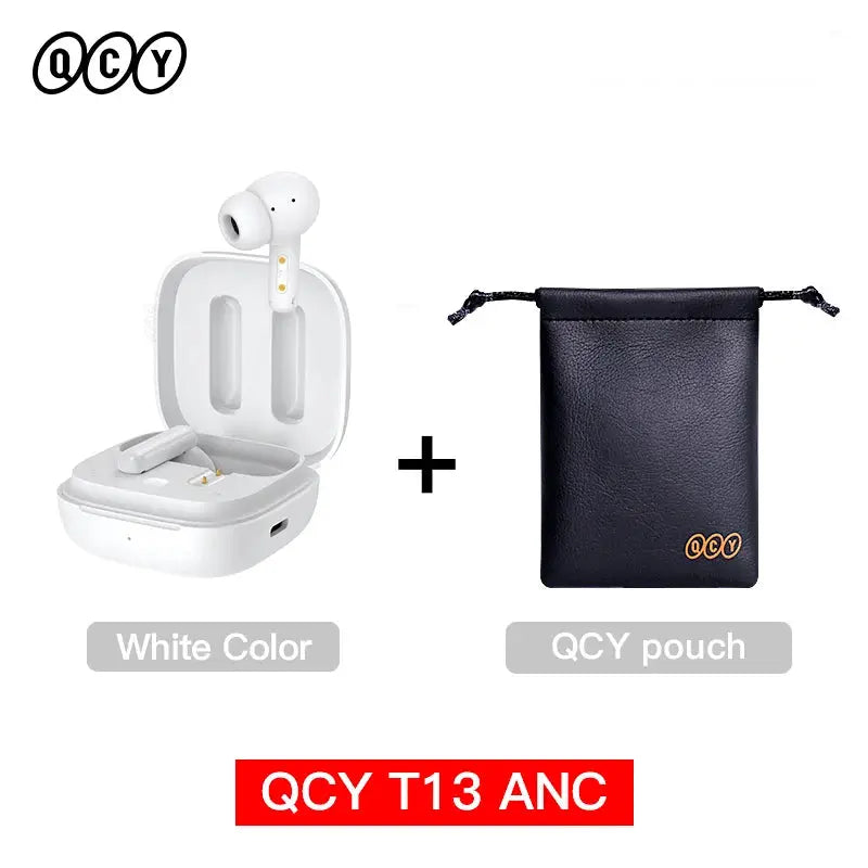 QCY T13 ANC wireless earphones in white with charging case; black QCY pouch included