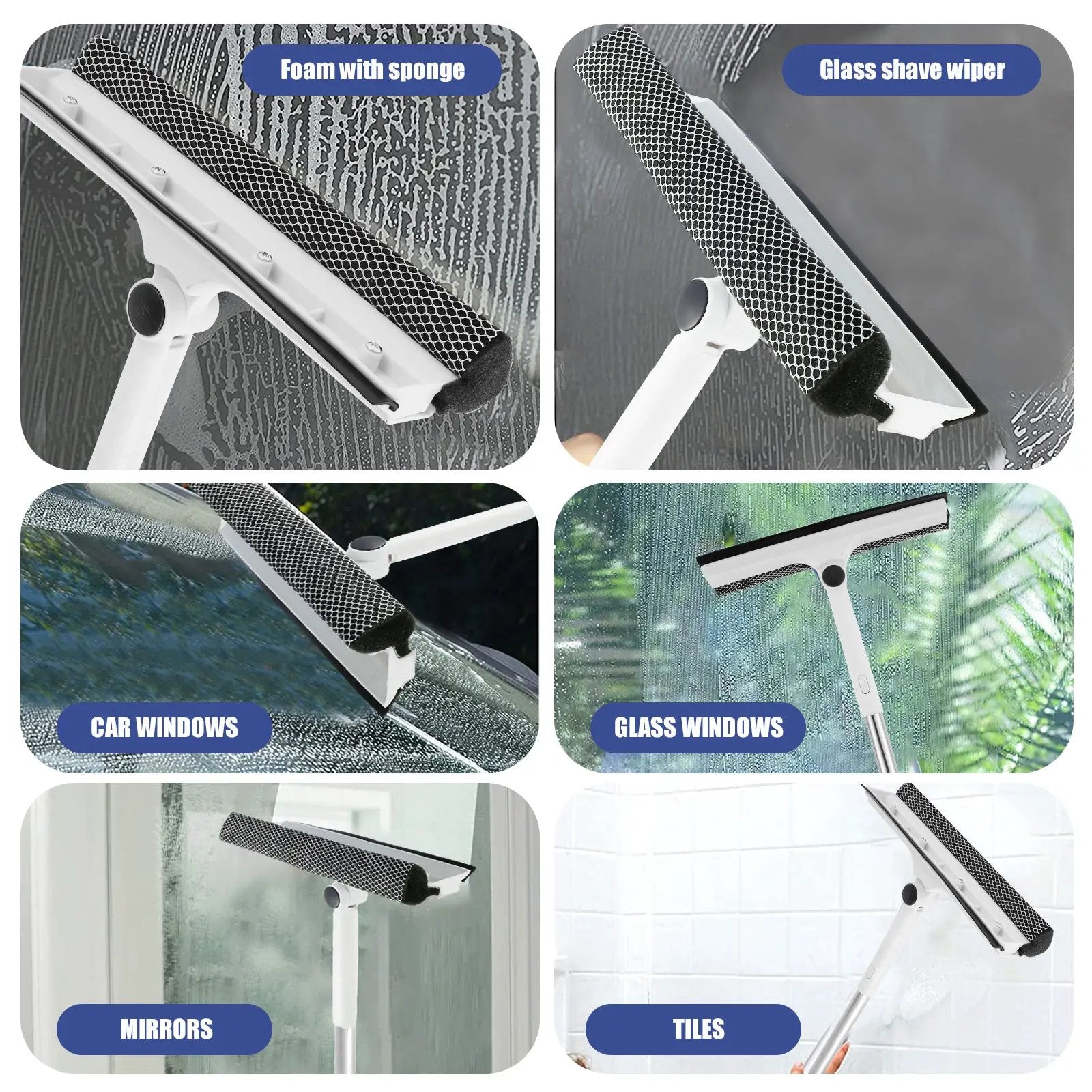 Simples Market extendable window cleaner set with 180° rotatable head, white handle and foam sponge