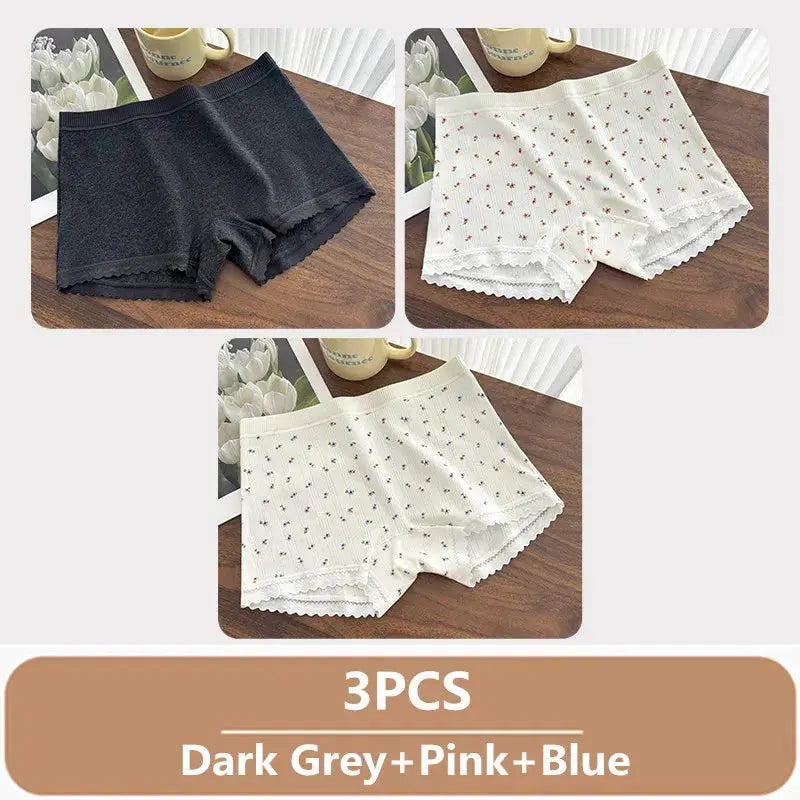 Simples Market 3PCS underwear set: dark grey, white with red flowers, white with blue flowers; mid-waist lace boxers.