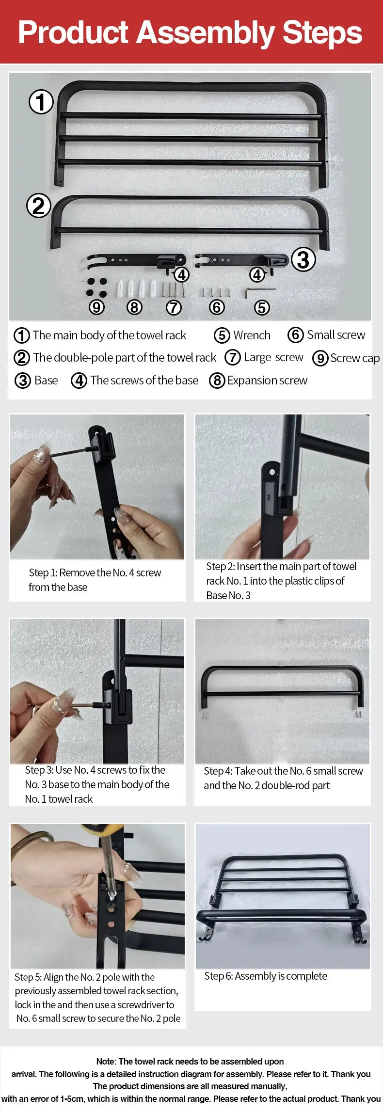 Simples Market folding aluminum towel rack with hook, grey/black, 50–60 cm, assembly diagram