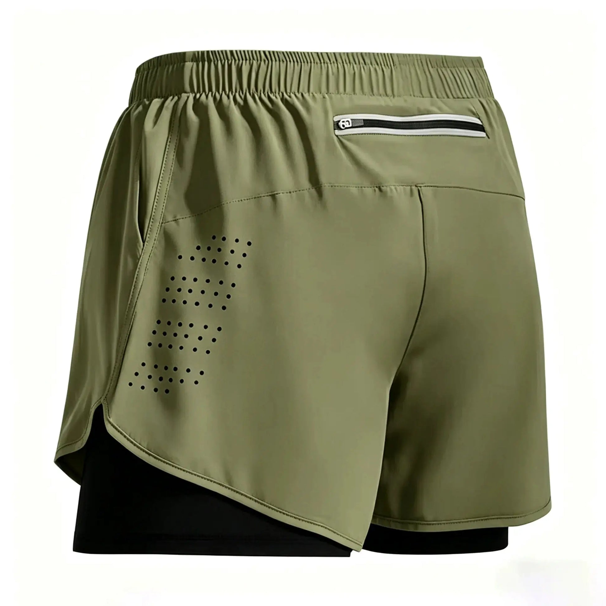 Men's 2-in-1 quick-dry shorts; olive-green outer with perforations and zip pocket over black inner shorts.