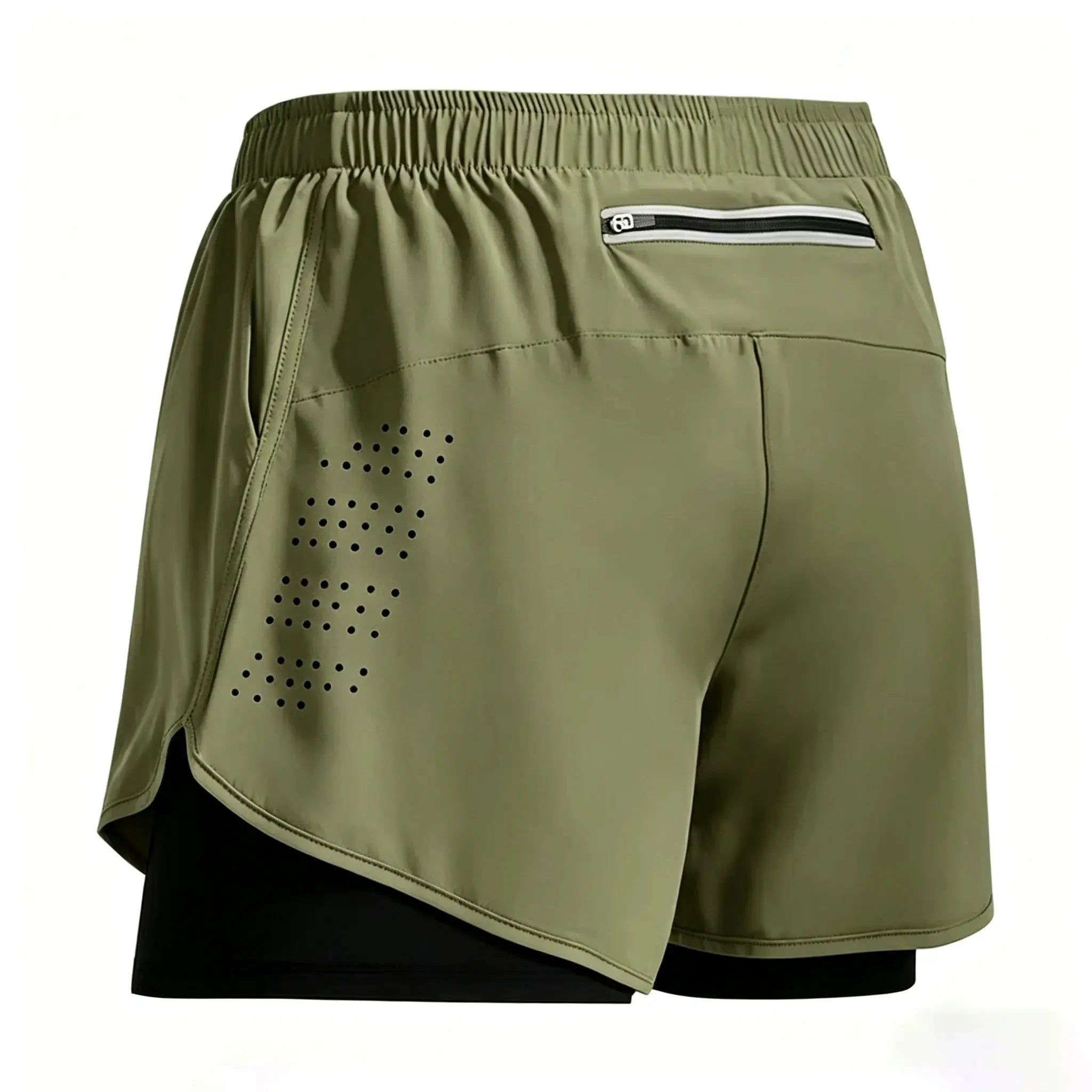 Men's 2-in-1 quick-dry shorts; olive-green outer with perforations and zip pocket over black inner shorts.