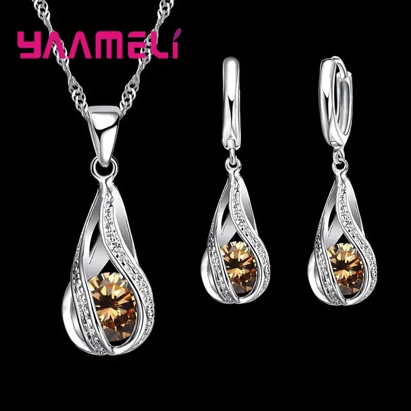 Water Drop CZ 925 Sterling Silver Plated Jewelry Set For Women Pendant Necklace And Hoop Earrings For Wedding Ceremony