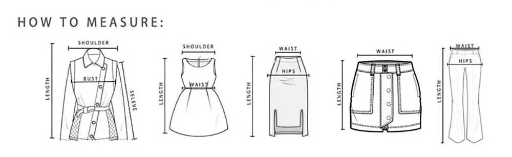 Clothing measurement guide diagram with dress, skirt, shorts, and pants showing shoulder, bust, waist, hips, length