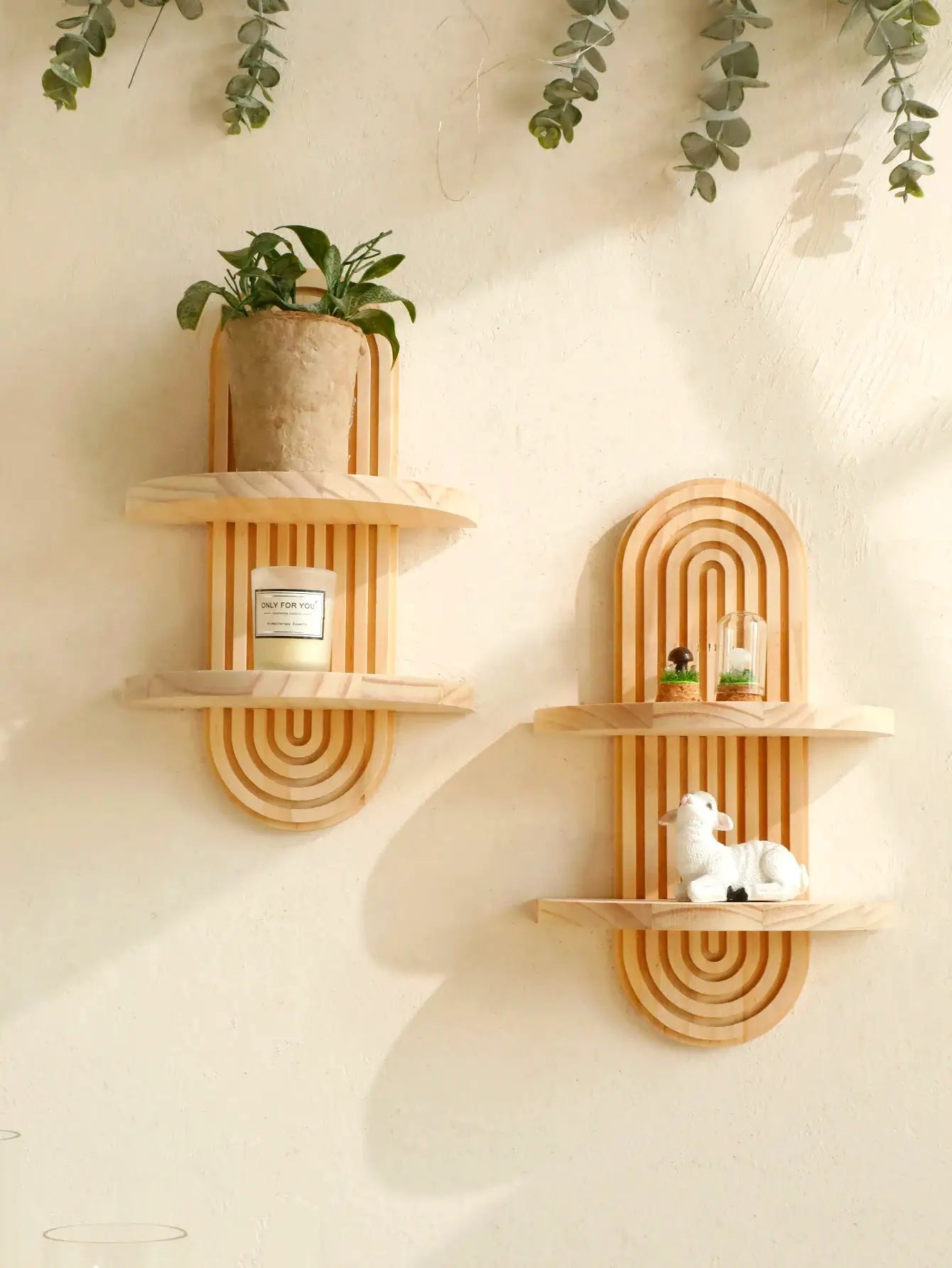 Two geometric wooden wall shelves in natural finish, Boho style, wall-mounted decor
