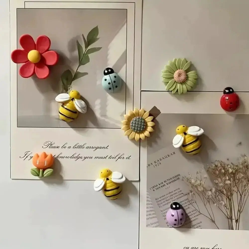 Refrigerator magnets 10pcs set by Simples Market; colorful 3D bee, ladybug, sunflower and flower shapes