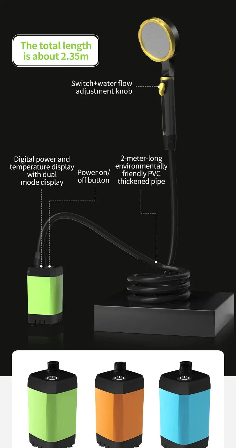Camping shower pump kit by Simples Market with digital display and 2.35m hose; 6000mAh battery, green/orange/blue.