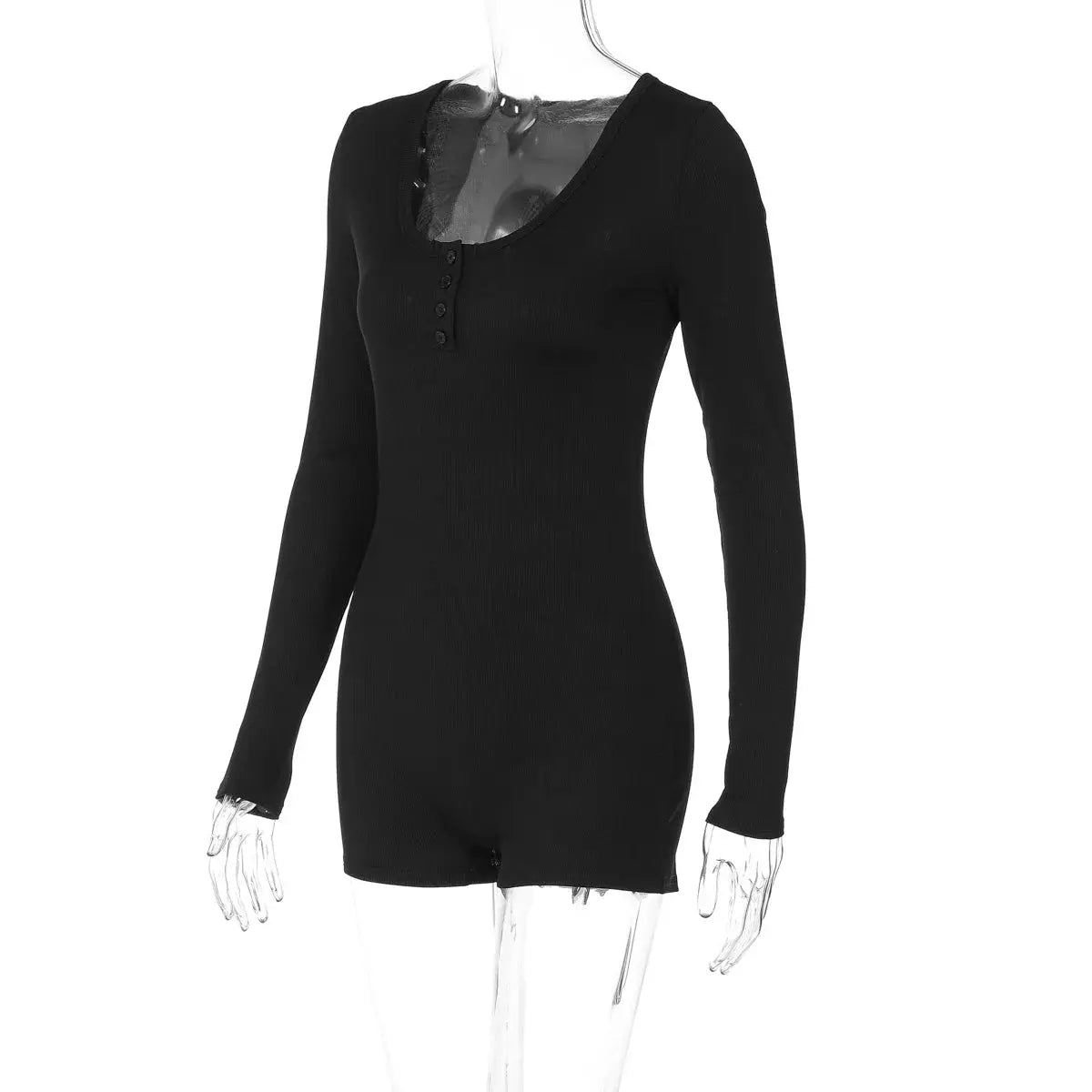 Hugcitar ribbed black long-sleeve playsuit with square collar and button placket