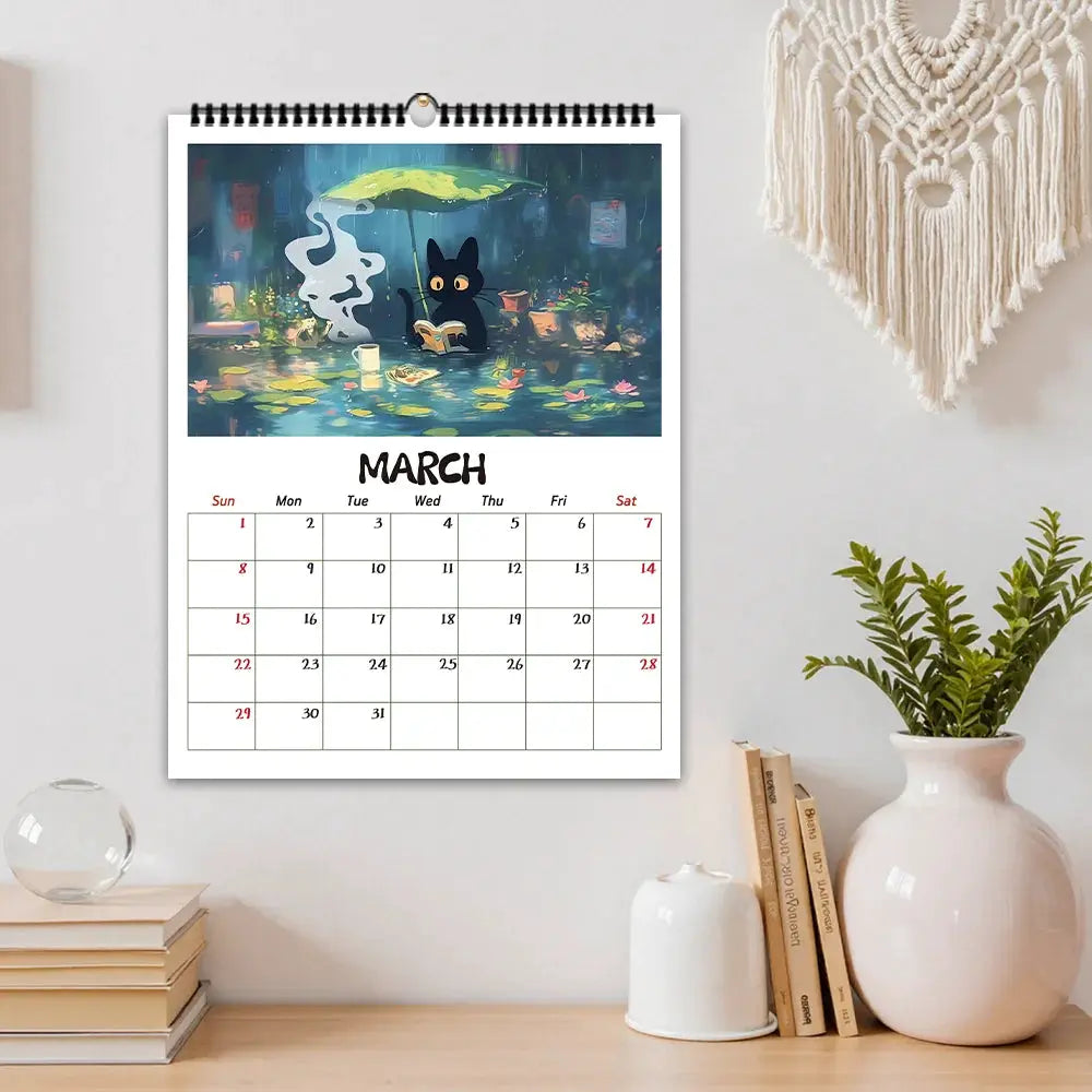 Black Cat wall calendar by Simples Market 2026 with 12 designs, March page shown, featuring a black cat with umbrella