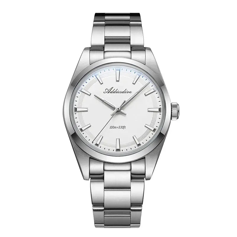 Addiesdive 36mm AD2066 men's stainless steel watch with white dial, BGW9 lume, 100m water resistance