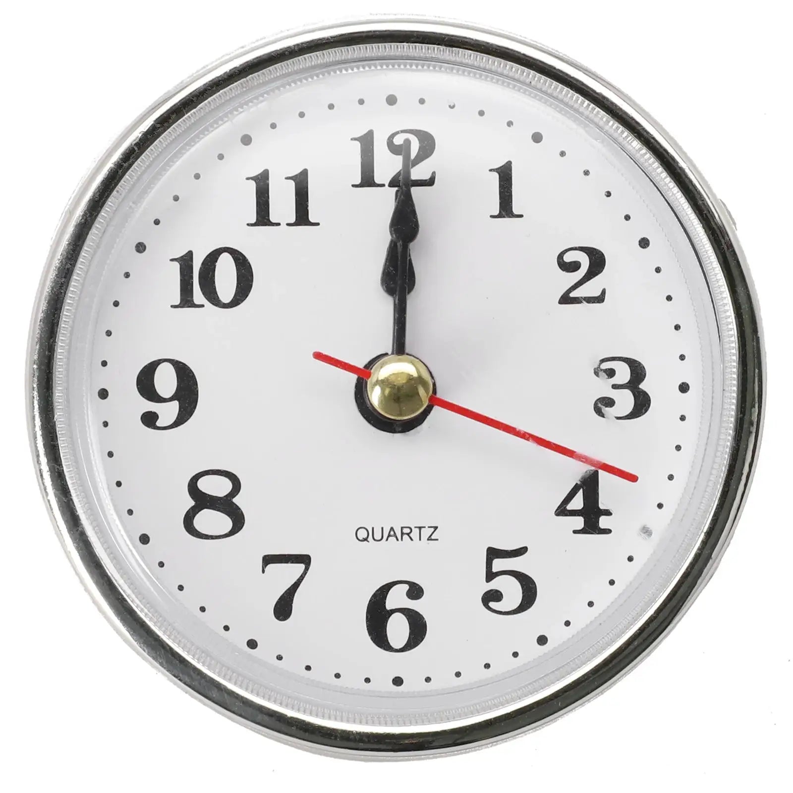 65mm round wall clock insert with quartz movement, white dial, black numerals, silver bezel