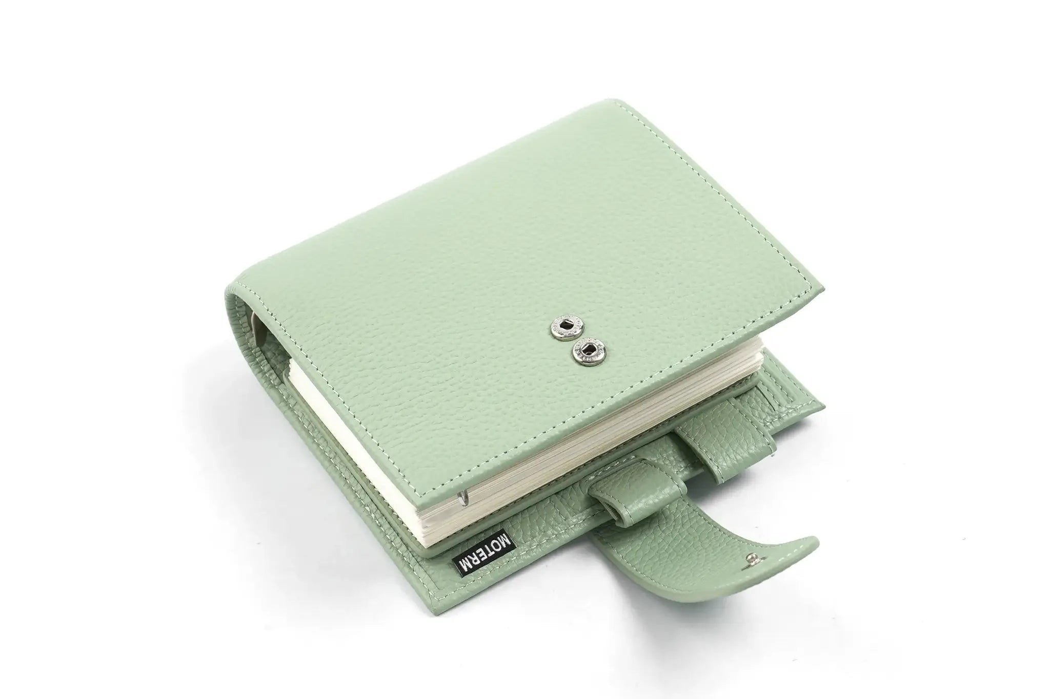Moterm Luxe 2.0 pocket-size A7 planner in pale green pebble-grain leather with 30mm ring binder