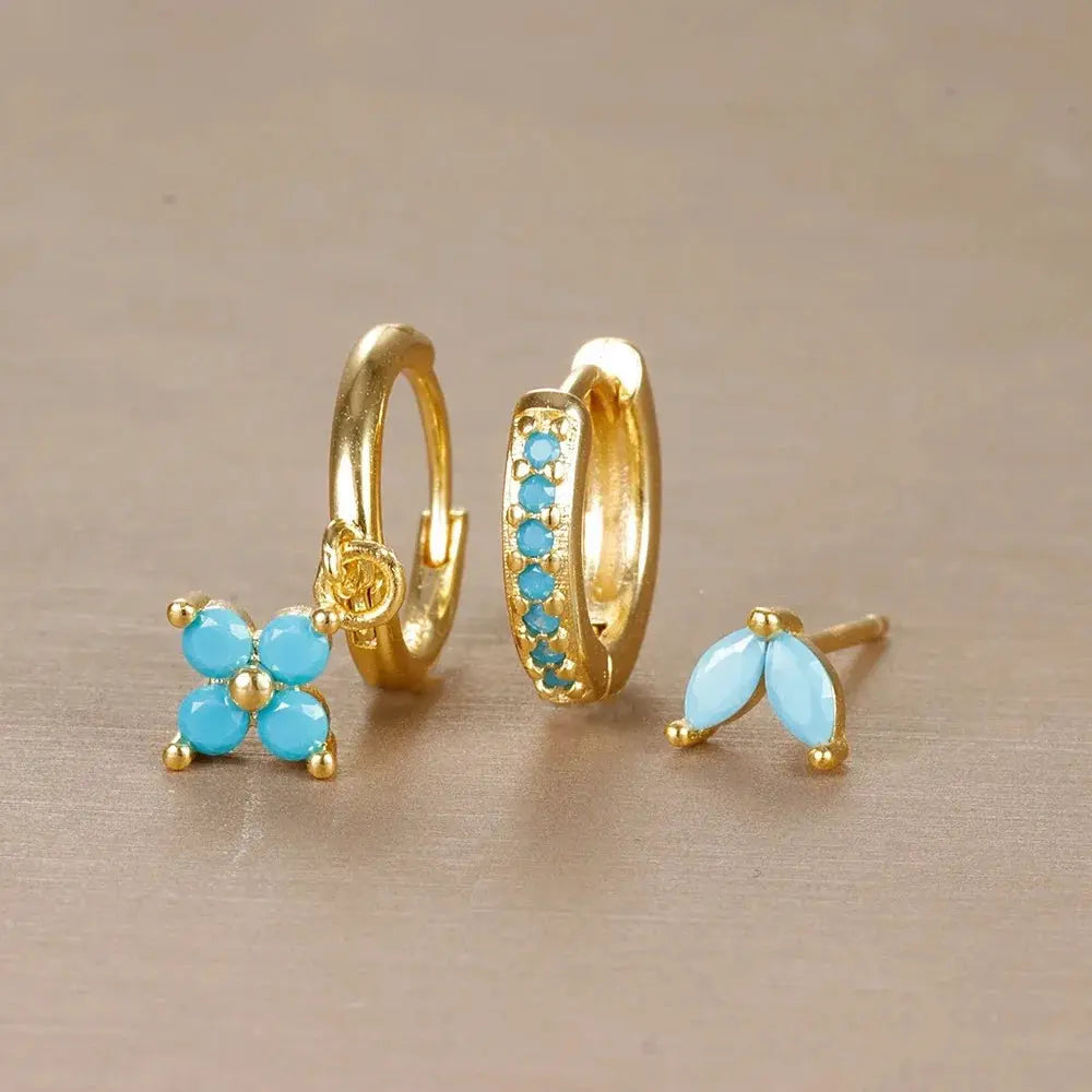 3Pcs Trendy Stainless Steel Flower Drop Earrings Set For Women Crystal Zirconia Dangle Hypoallergenic Piercing Jewelry