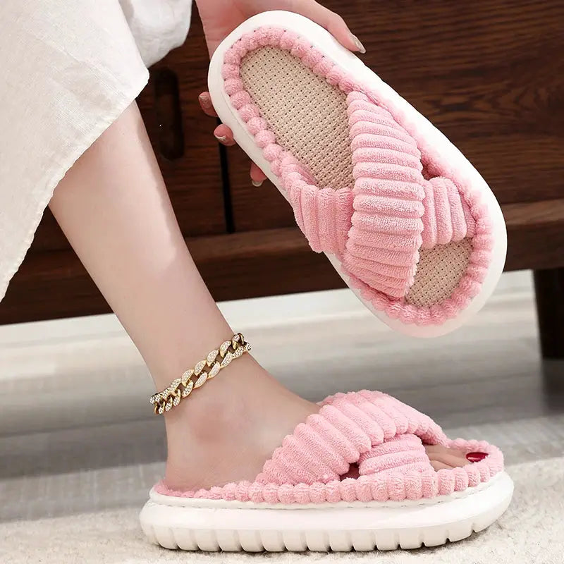Pink open-toe home slippers with cross-band fluffy knit straps and non-slip linen sole