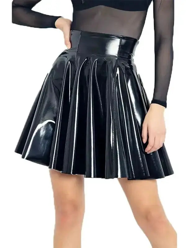 Women's plus-size shiny black PU patent faux leather pleated mini umbrella skirt Simples Market