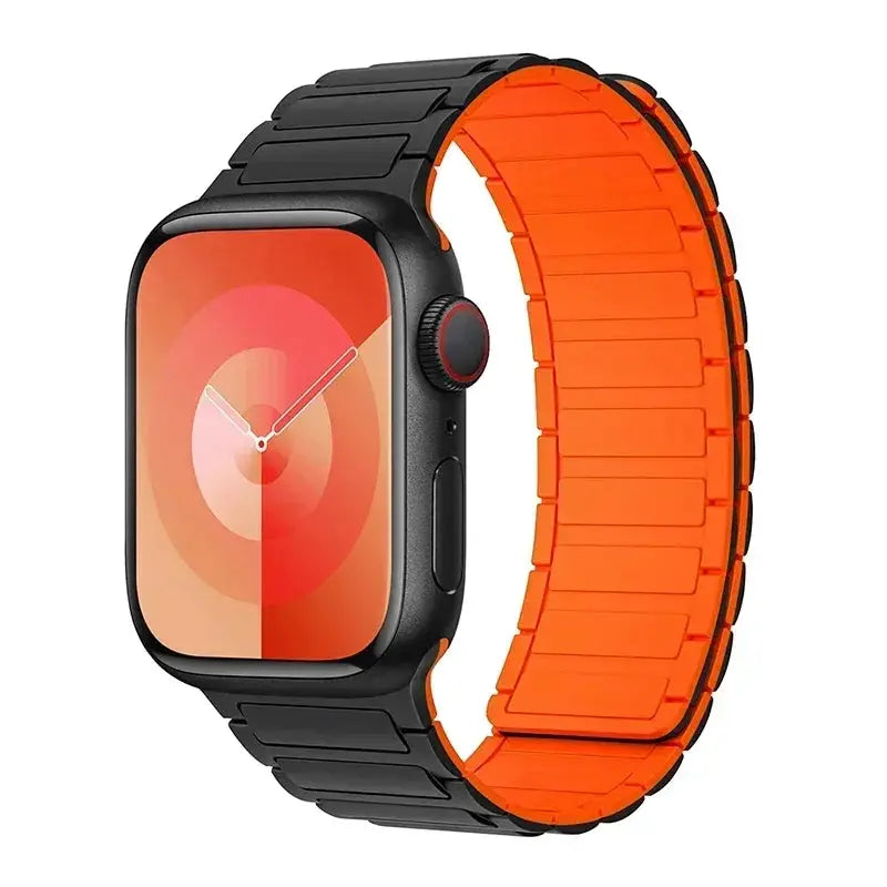 Magnetic loop Apple Watch band by Simples Market, black metal links with orange silicone interior; fits 38–49mm