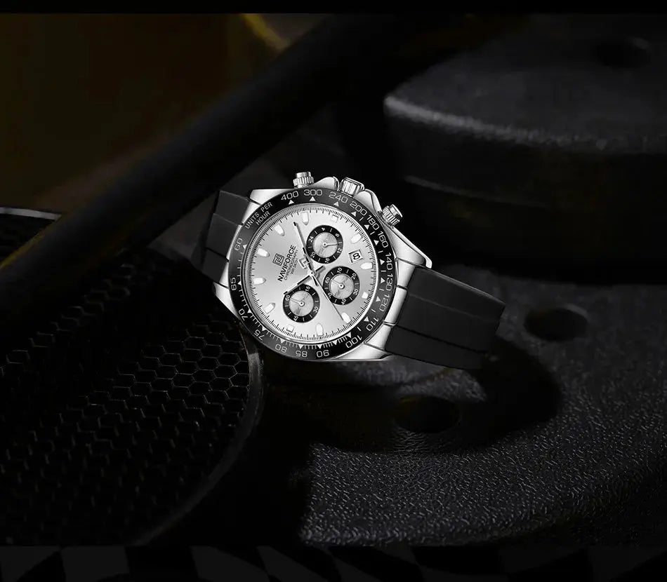 NAVIFORCE NF8054 men's wristwatch with silver-tone dial, black chronograph subdials, luminous markers, and silicone strap