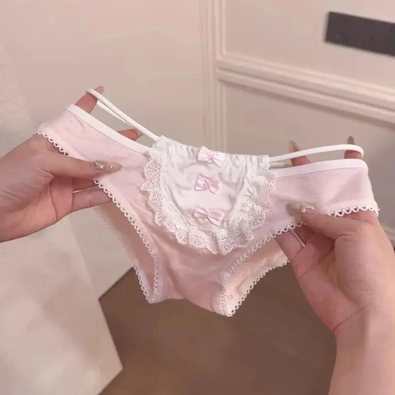 SP&CITY Lolita Sweet Bow lace underwear, pink low-rise cotton panties with white lace trim