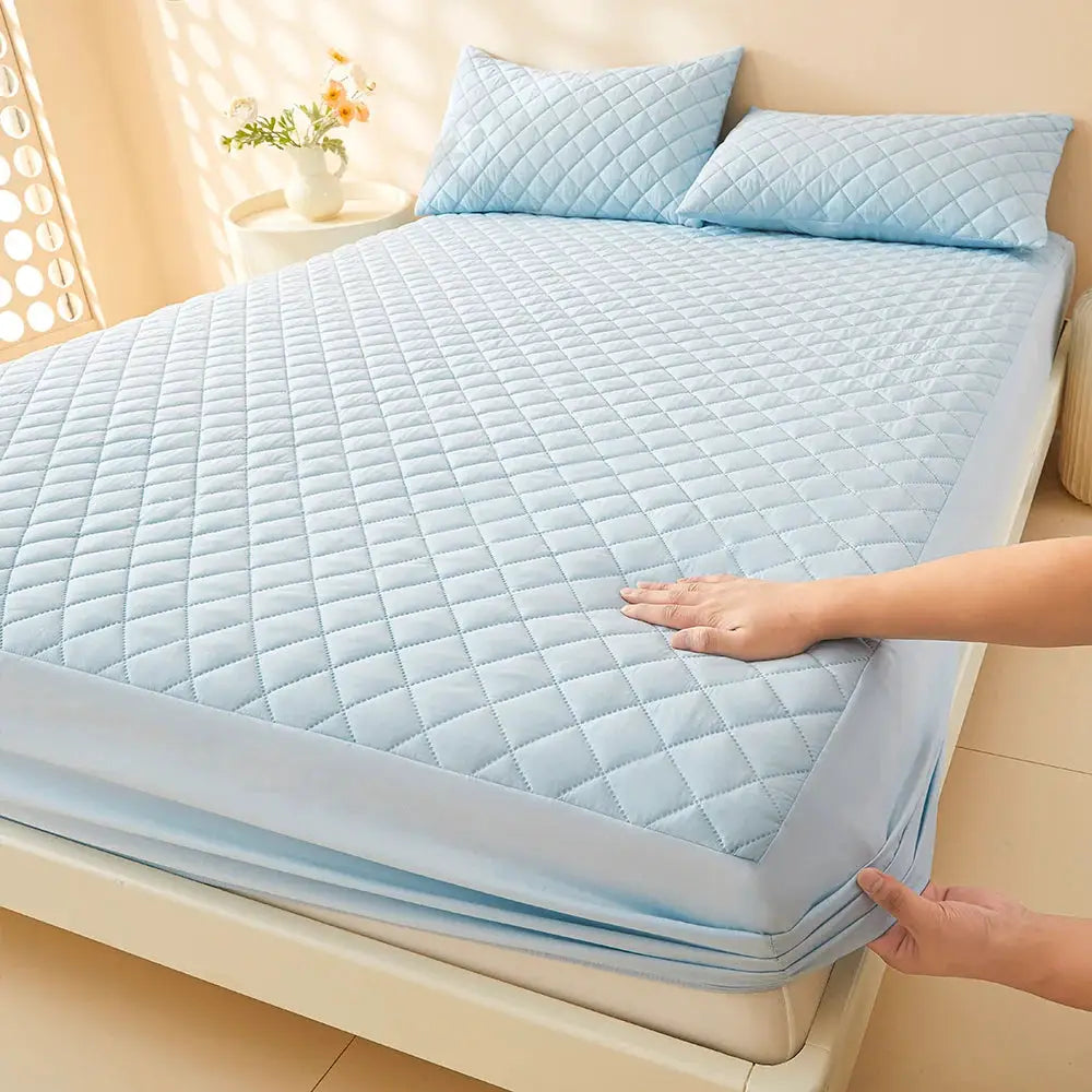 Simples Market 1pc quilted waterproof fitted sheet for single/double bed; light blue, washable mattress protector.
