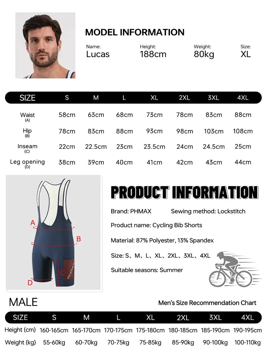 PHMAX men's cycling bib shorts in navy blue with white panel accents and 5D silicone padding