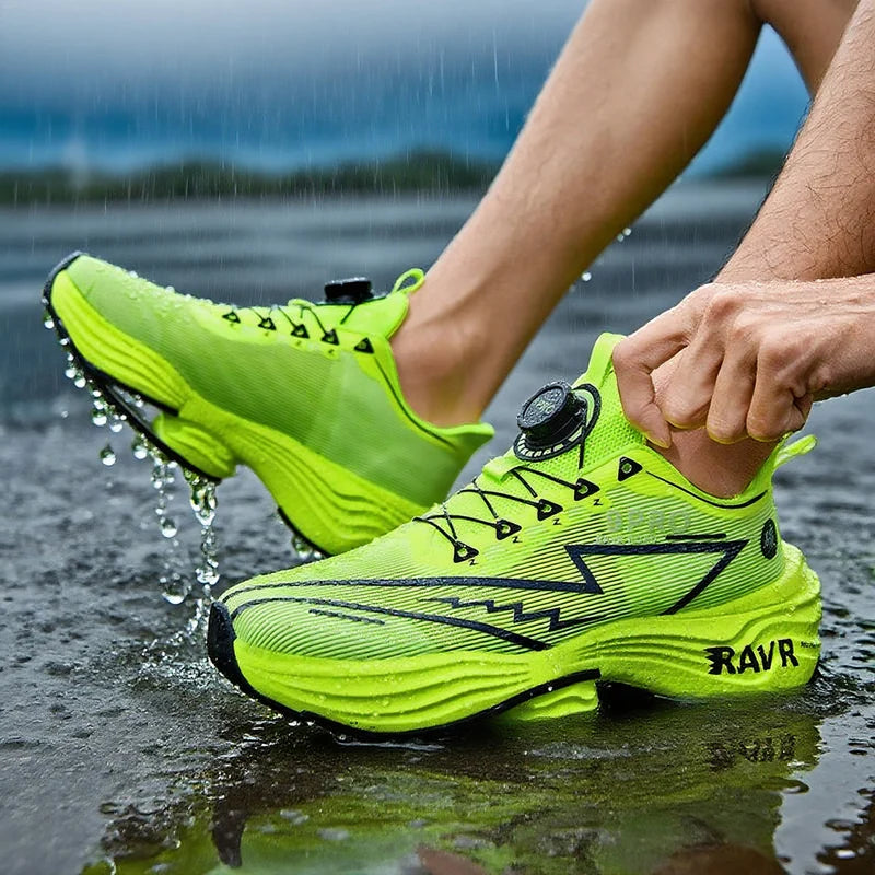 Simples Market neon green men's running shoes pair with dial closure and rugged outsole