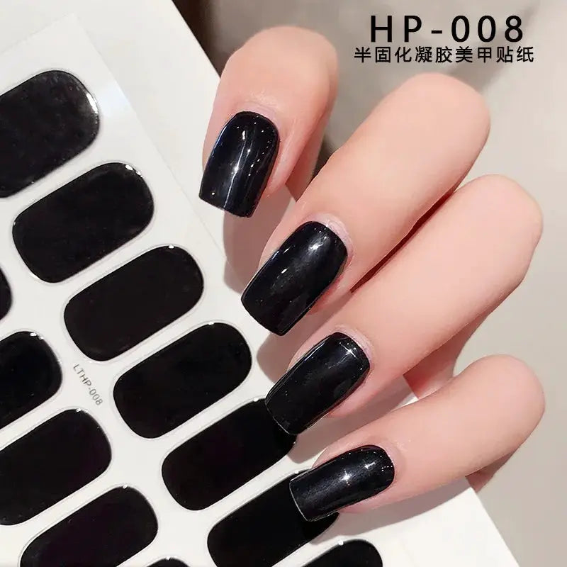 Simples Market HP-008 black gel nail wraps; full-cover glossy nail decals on sheet.