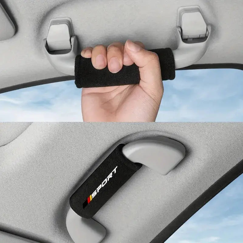 Car door handle protector strap in black plush fabric with SPORT logo for vehicle interior use